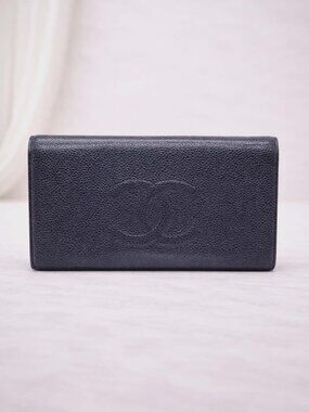 Authentic Chanel CC Logo Caviar Leather Long Wallet Black Classic Flap Bifold